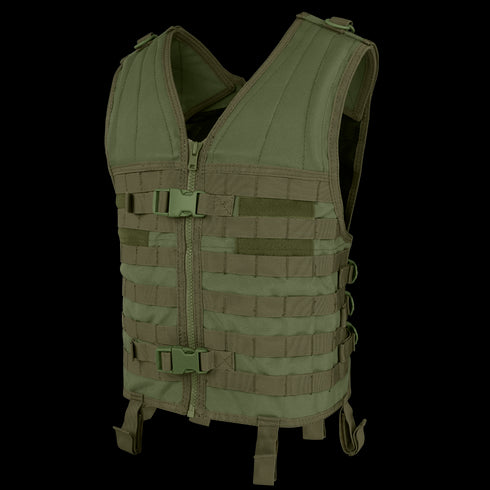 The Condor Modular Vest in Olive Drab features multiple horizontal webbing straps, front zipper, and buckle closures, ideal for military or outdoor use.