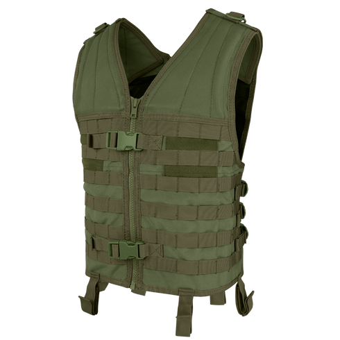 The Condor Modular Vest in Olive Drab features multiple horizontal webbing straps, front zipper, and buckle closures, ideal for military or outdoor use.