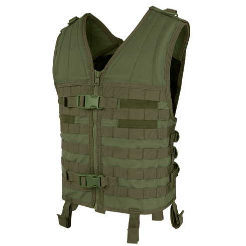 The Condor Modular Vest in Olive Drab features multiple horizontal webbing straps, front zipper, and buckle closures, ideal for military or outdoor use.