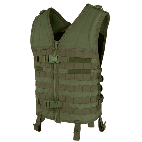 The Condor Modular Vest in Olive Drab features multiple horizontal webbing straps, front zipper, and buckle closures, ideal for military or outdoor use.