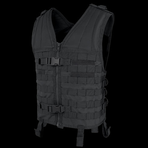 The Condor Modular Vest, in black, features a front zipper, adjustable straps, and MOLLE webbing for attachments. Displayed on a plain background.