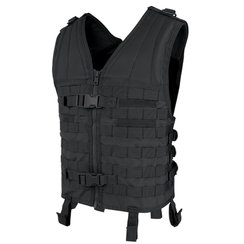 The Condor Modular Vest, in black, features a front zipper, adjustable straps, and MOLLE webbing for attachments. Displayed on a plain background.