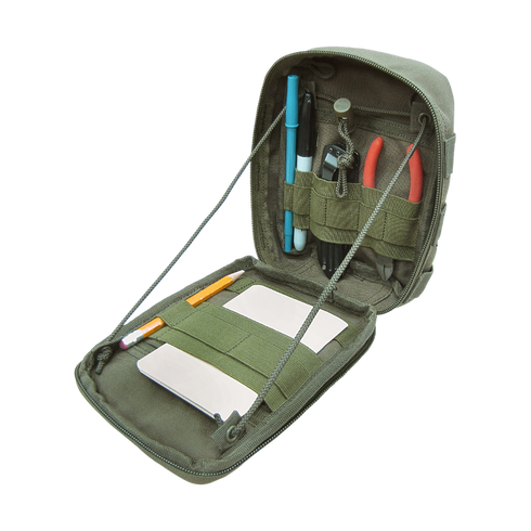 The Condor Sidekick Pouch - MultiCam, unzipped, neatly displays essential EDC gear—pen, pencil, marker, pliers, multitool, small flashlight, and two notepads—all secured inside by elastic bands.