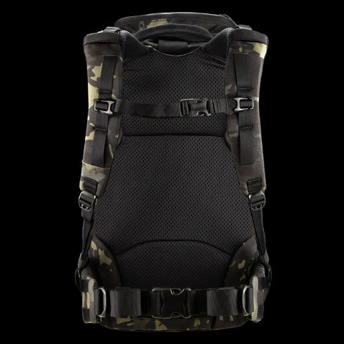 Back view of the Condor Nomad Backpack 25L, featuring a military-style camouflage pattern, padded mesh straps, adjustable buckles, and waist support—perfect for first responders or shooting range enthusiasts.