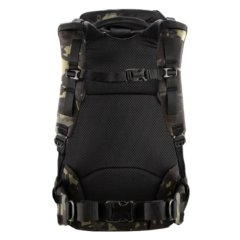 Back view of the Condor Nomad Backpack 25L, featuring a military-style camouflage pattern, padded mesh straps, adjustable buckles, and waist support—perfect for first responders or shooting range enthusiasts.