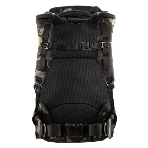 Back view of the Condor Nomad Backpack 25L, featuring a military-style camouflage pattern, padded mesh straps, adjustable buckles, and waist support—perfect for first responders or shooting range enthusiasts.
