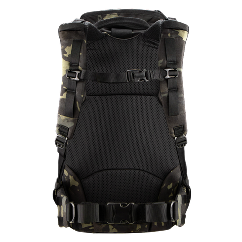 The Condor Nomad Backpack 25L in black and camouflage is shown from the back, featuring padded straps, a mesh back panel, and several adjustable buckles for comfort.