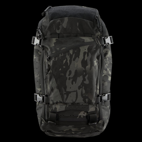 The Condor Nomad Backpack 25L in MultiCam Black features multiple zippers, adjustable straps, and a top handle, shown from the front.