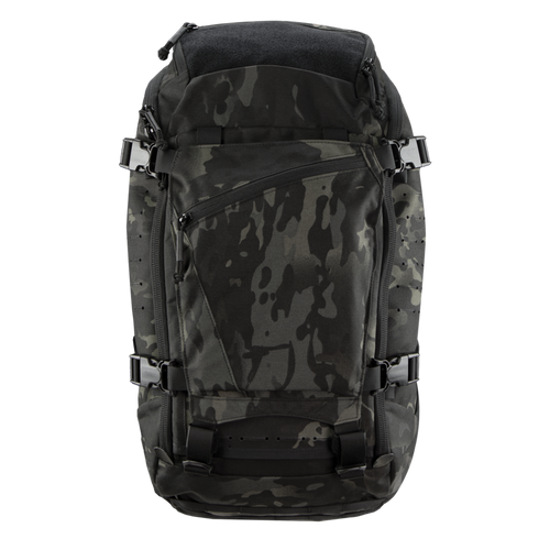 The Condor Nomad Backpack 25L in MultiCam Black features multiple zippers, buckles, and adjustable straps, shown against a white background.