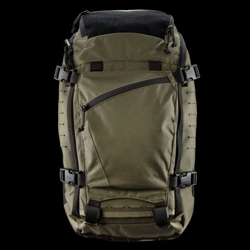 The Condor Nomad Backpack 25L is an olive green tactical pack with multiple straps, zippers, and buckles, designed for military or law enforcement use, shown upright against a white background.