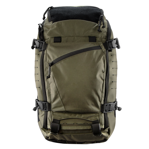 Olive green tactical backpack with multiple straps, buckles, and an angled front zipper pocket, shown against a plain white background.