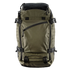Olive green tactical backpack with multiple straps, buckles, and an angled front zipper pocket, shown against a plain white background.