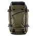 Olive green tactical backpack with multiple straps, buckles, and an angled front zipper pocket, shown against a plain white background.