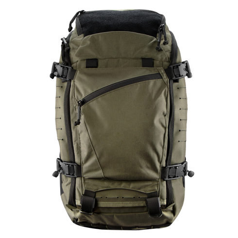 The Condor Nomad Backpack 25L in olive green features multiple black straps, buckles, and a front zippered pocket, shown against a plain white background.