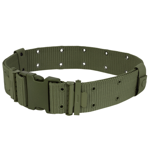 The Condor G.I. Style Nylon Pistol Belt in olive green features metal eyelets and a plastic quick-release buckle, ideal for bushcraft or law enforcement, shown on a white background.