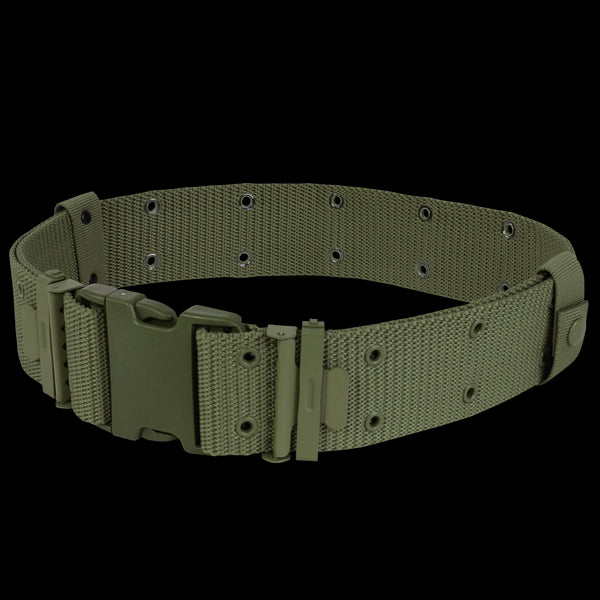 The Condor G.I. Style Nylon Pistol Belt in olive green features metal eyelets and a plastic quick-release buckle, ideal for bushcraft or law enforcement, shown on a white background.