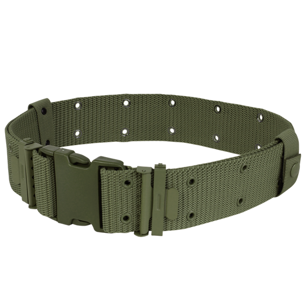 The Condor G.I. Style Nylon Pistol Belt in olive green features metal eyelets and a plastic quick-release buckle, ideal for bushcraft or law enforcement, shown on a white background.