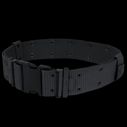 The Condor G.I. Style Nylon Pistol Belt features a black tactical design with multiple adjustment holes and a large plastic buckle, shown coiled—durable for EDC or First Responder use.
