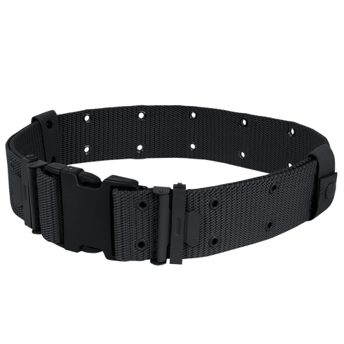 The Condor G.I. Style Nylon Pistol Belt features a black tactical design with multiple adjustment holes and a large plastic buckle, shown coiled—durable for EDC or First Responder use.