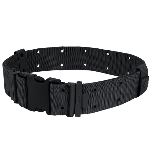 The Condor G.I. Style Nylon Pistol Belt features a black tactical design with multiple adjustment holes and a large plastic buckle, shown coiled—durable for EDC or First Responder use.