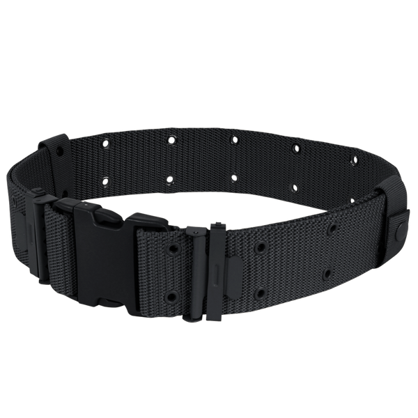 The Condor G.I. Style Nylon Pistol Belt features a black tactical design with multiple adjustment holes and a large plastic buckle, shown coiled—durable for EDC or First Responder use.