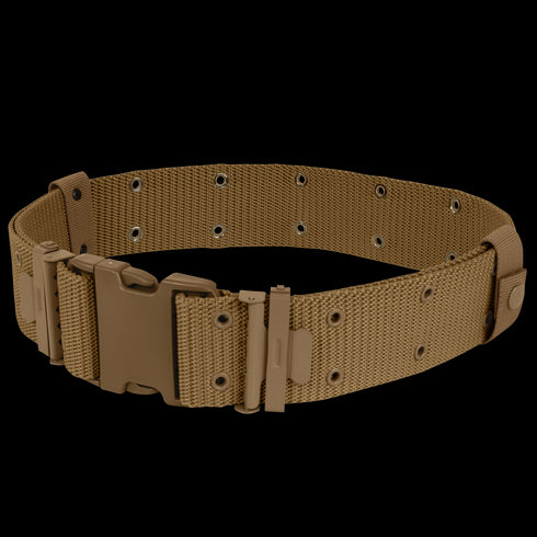 The Condor G.I. Style Nylon Pistol Belt features metal eyelets and a large plastic buckle, displayed in a circular layout—perfect for bushcraft outings or visits to the shooting range.