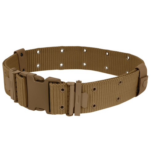 The Condor G.I. Style Nylon Pistol Belt features metal eyelets and a large plastic buckle, displayed in a circular layout—perfect for bushcraft outings or visits to the shooting range.