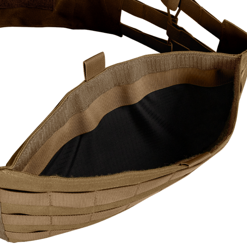 Close-up of the Condor EXO Plate Carrier Gen II in tan, featuring MOLLE webbing and a black interior, displayed against a matching brown background.