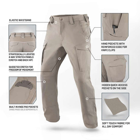 The Condor Patrol ADF Pants feature a tan color with labeled details such as an elastic waistband, stretch panels, gusseted crotch, hand and quick-access pockets, knee pad pockets, reinforced edges, and soft-touch fabric for enhanced comfort.