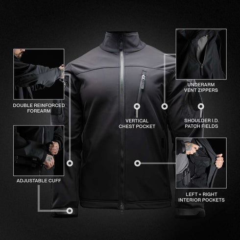 The Condor Phantom Softshell Jacket in black includes features such as double reinforced forearms, adjustable cuffs, a vertical chest pocket, left and right interior pockets, underarm vent zippers, and shoulder I.D. patch fields.