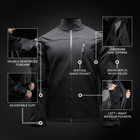 The Condor Phantom Softshell Jacket is shown with labels for double reinforced forearms, adjustable cuffs, vertical chest pocket, underarm vent zippers, shoulder I.D. patch fields, and interior pockets.