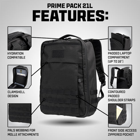 Condor Prime Pack 21L - MultiCam Black: hydration compatible backpack with clamshell design, PALS webbing, padded laptop compartment, contoured straps, and front zippered pocket. Features labeled.