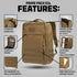 The Condor Prime Pack 21L is a tan tactical backpack featuring hydration compatibility, a clamshell design, MOLLE webbing, padded laptop compartment, contoured straps, and a front zip pocket.