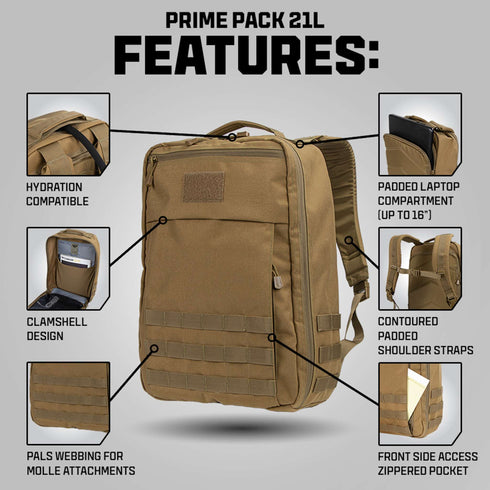 The Condor Prime Pack 21L in tan features hydration compatibility, a clamshell design, PALS webbing, a padded laptop compartment, contoured shoulder straps, and a front side access pocket.