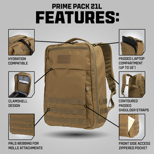 The Condor Prime Pack 21L is a tan tactical backpack featuring hydration compatibility, a clamshell design, MOLLE webbing, padded laptop compartment, contoured straps, and a front zip pocket.