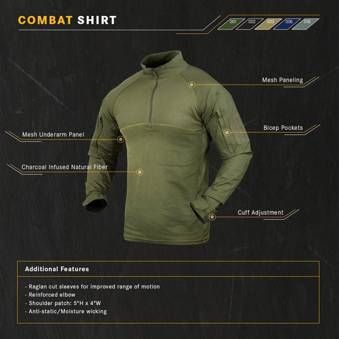The Condor Long Sleeve Combat Shirt - Scorpion OCP features mesh and charcoal-infused panels, bicep pockets, cuff adjustment, and reinforced elbows for tactical use. See below for more features.