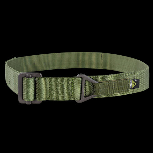 The Condor Riggers Belt is an olive green, heavy-duty nylon belt featuring a black metal buckle and a small black and yellow Condor-branded tag.