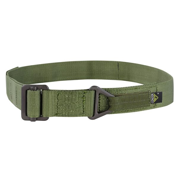 The Condor Riggers Belt is an olive green, heavy-duty nylon belt featuring a black metal buckle and a small black and yellow Condor-branded tag.