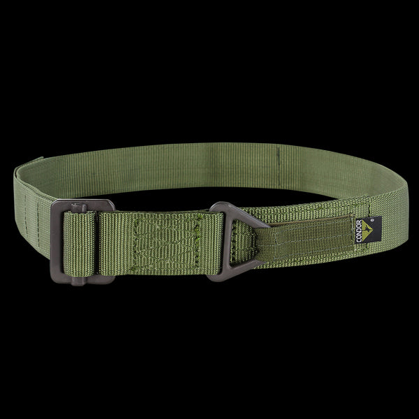 The Condor Riggers Belt is an olive green, heavy-duty nylon belt featuring a black metal buckle and a small black and yellow Condor-branded tag.