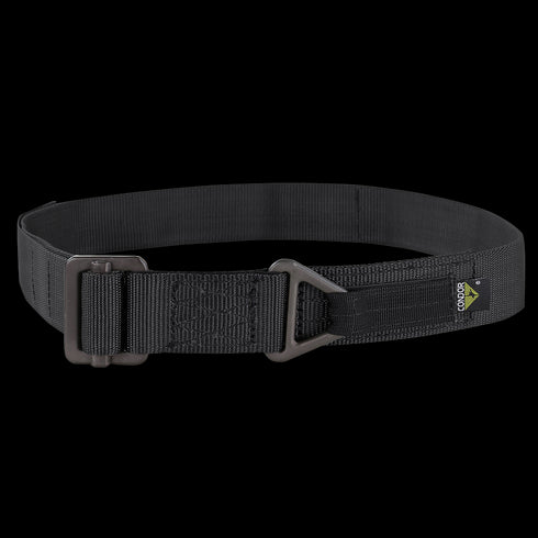 The Condor Riggers Belt is a black nylon tactical belt with a metal buckle and a small rectangular tag featuring a green and yellow Condor logo.