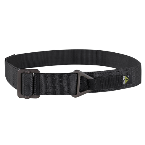 The Condor Riggers Belt is a black nylon tactical belt with a metal buckle and a small rectangular tag featuring a green and yellow Condor logo.