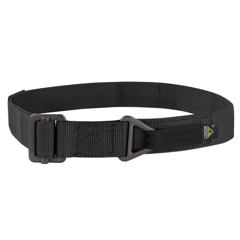 The Condor Riggers Belt is a black nylon tactical belt with a metal buckle and a small rectangular tag featuring a green and yellow Condor logo.