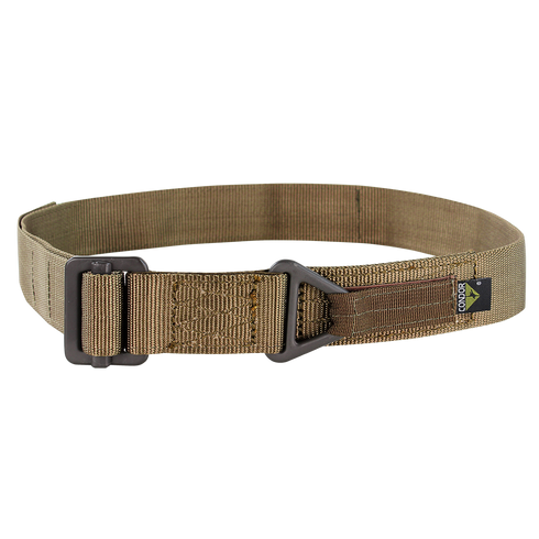 The Condor Riggers Belt is a tan tactical nylon belt featuring a black metal buckle and a small rectangular black and yellow tag on the side.