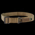 The Condor Riggers Belt is a tan tactical nylon belt featuring a black metal buckle and a small rectangular black and yellow tag on the side.