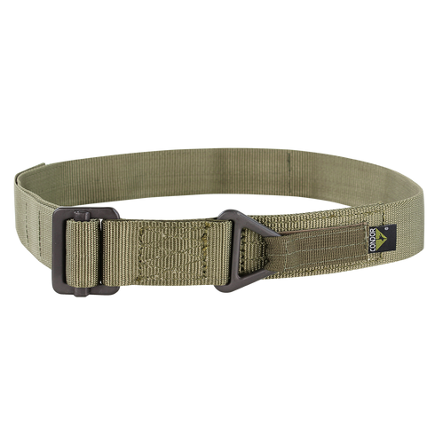 The Condor Riggers Belt is a tan nylon tactical belt with a metal buckle and a small black rectangular logo tag on the side.