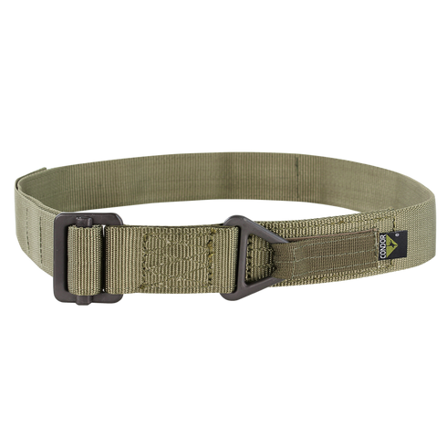 The Condor Riggers Belt is a tan nylon tactical belt with a metal buckle and a small black rectangular logo tag on the side.