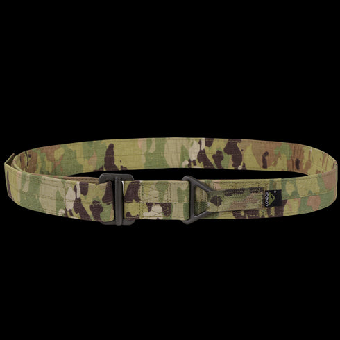 The Condor Riggers Belt in Scorpion OCP features a camouflage pattern, sturdy metal buckle, and small black side tag, shown on a white background.