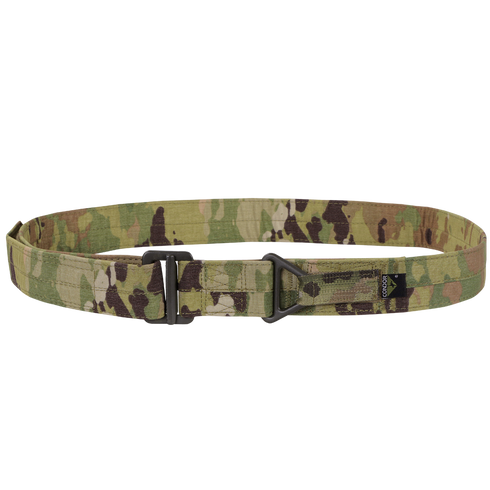 The Condor Riggers Belt in Scorpion OCP features a camouflage pattern, sturdy metal buckle, and small black side tag, shown on a white background.