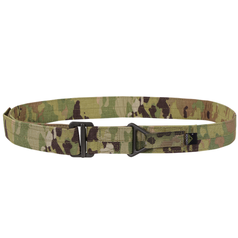 The Condor Riggers Belt in Scorpion OCP features a camouflage pattern, sturdy metal buckle, and small black side tag, shown on a white background.