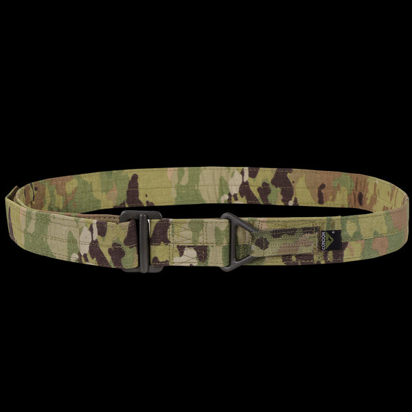 The Condor Riggers Belt in Scorpion OCP features a camouflage pattern, sturdy metal buckle, and small black side tag, shown on a white background.